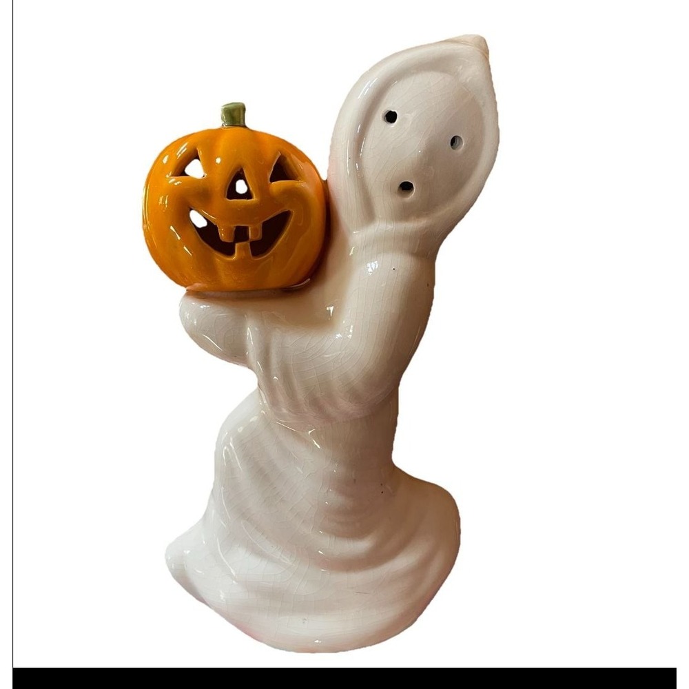 Vtg Ceramic Halloween Ghost Holding Jack O' Lantern Pumpkin ~14"